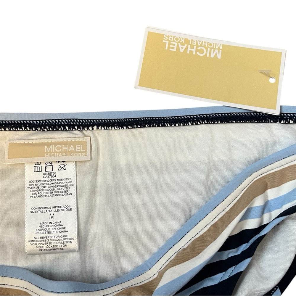 MICHAEL Michael Kors swimsuit bottom features a blue, white, and tan strips - Picture 6 of 6